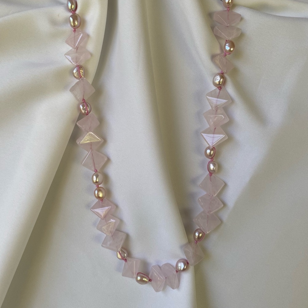 Designer fine jewelry rose quartz cultured pearls necklace sterling silver clasp